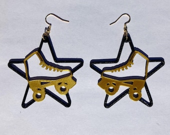 Black & Gold Roller Skate Star Dangle Earrings, 3D Printed roller skate jewelry, cute novelty earrings, roller skate accessories