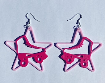 Dark Pink & Baby Pink Roller Skate Star Dangle Earrings, 3D Printed roller skate jewelry, cute novelty earrings, roller skate accessories