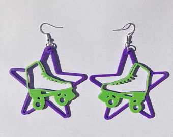 Purple & Green Roller Skate Star Dangle Earrings, 3D Printed, roller skate jewelry, cute earrings novelty earrings, roller skate accessories