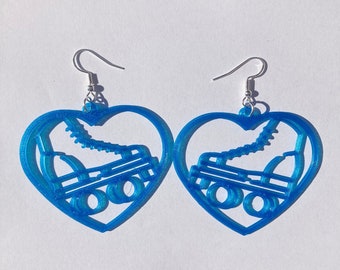 Dark Blue Roller Skate Heart Dangle Earrings, 3D Printed, roller skate jewelry, cute earrings, novelty earrings, roller skate accessories