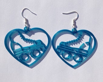 Teal Roller Skate Heart Dangle Earrings, 3D Printed, roller skate jewelry, cute earrings, novelty earrings, roller skate accessories