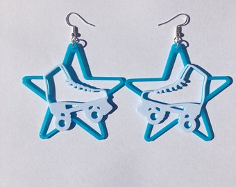 Baby Blue & White Roller Skate Star Dangle Earrings, 3D Printed roller skate jewelry, cute novelty earrings, roller skate accessories