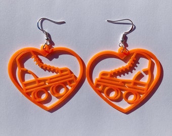 Orange Roller Skate Heart Dangle Earrings, 3D Printed, roller skate jewelry, cute earrings, novelty earrings, roller skate accessories