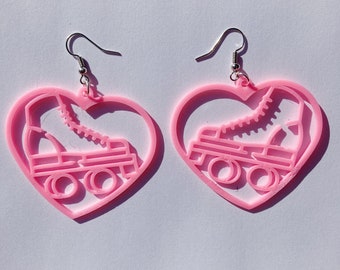 Pink Roller Skate Heart Dangle Earrings, 3D Printed, roller skate jewelry, cute earrings, novelty earrings, roller skate accessories