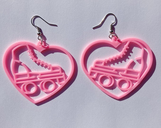 Featured listing image: Pink Roller Skate Heart Dangle Earrings, 3D Printed, roller skate jewelry, cute earrings, novelty earrings, roller skate accessories