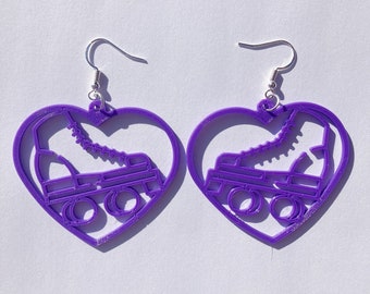 Purple Roller Skate Heart Dangle Earrings, 3D Printed, roller skate jewelry, cute earrings, novelty earrings, roller skate accessories