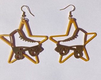 Gold & Bronze Roller Skate Star Dangle Earrings, 3D Printed, roller skate jewelry, cute earrings, novelty earrings, roller skate accessories