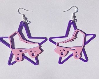 Purple & Pink Roller Skate Star Dangle Earrings, 3D Printed roller skate jewelry, cute novelty earrings, roller skate accessories, disco