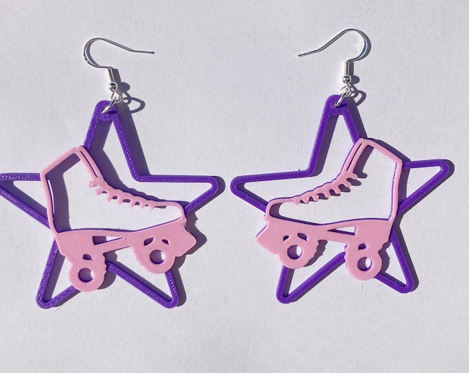 Featured listing image: Purple & Pink Roller Skate Star Dangle Earrings, 3D Printed roller skate jewelry, cute novelty earrings, roller skate accessories, disco