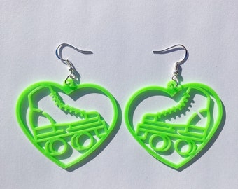 Neon Green Roller Skate Heart Dangle Earrings, 3D Printed, roller skate jewelry, cute earrings, novelty earrings, roller skate accessories