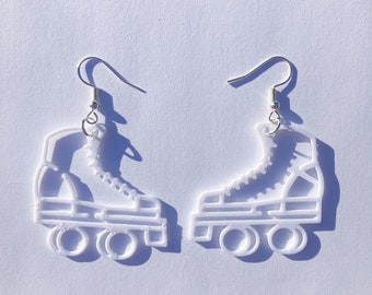 White Roller Skate Dangle Earrings, 3D Printed, roller skate jewelry, cute earrings, novelty earrings, roller skate accessories