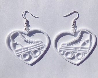 White Roller Skate Heart Dangle Earrings, 3D Printed, roller skate jewelry, cute earrings, novelty earrings, roller skate accessories