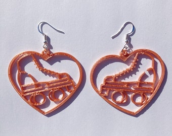 Rose Gold Roller Skate Heart Dangle Earrings, 3D Printed, roller skate jewelry, cute earrings, novelty earrings, roller skate accessories