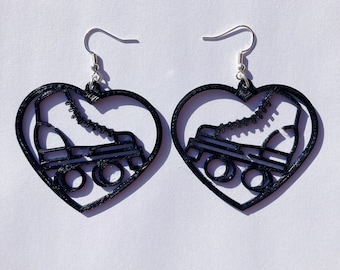 Black Roller Skate Heart Dangle Earrings, 3D Printed, roller skate jewelry, cute earrings, novelty earrings, roller skate accessories, heart