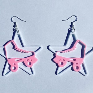 3D Printed Roller Skate Star Earrings: Pink & White Novelty Jewelry