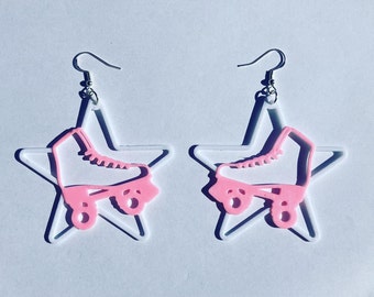 White & Baby Pink Roller Skate Star Dangle Earrings, 3D Printed roller skate jewelry, cute novelty earrings, roller skate accessories