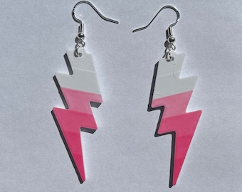 Pink and White Lightning Bolt, 3D Printed jewelry, cute novelty earrings, accessories, Electric jewelry