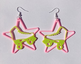 Pink & Green Roller Skate Star Dangle Earrings, 3D Printed roller skate jewelry, cute earrings novelty earrings, roller skate accessories