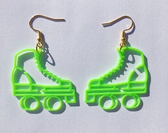 Neon Green Roller Skate Dangle Earrings, 3D Printed, roller skate jewelry, cute earrings, novelty earrings, roller skate accessories