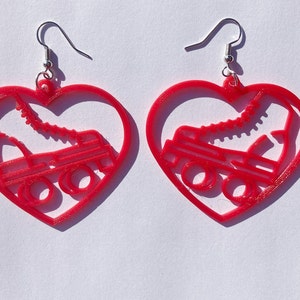 Red Roller Skate Heart Dangle Earrings, 3D Printed, roller skate jewelry, cute earrings, novelty earrings, roller skate accessories