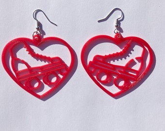 Red Roller Skate Heart Dangle Earrings, 3D Printed, roller skate jewelry, cute earrings, novelty earrings, roller skate accessories