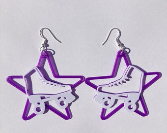 Purple & White Roller Skate Star Dangle Earrings, 3D Printed roller skate jewelry, cute earrings novelty earrings, roller skate accessories