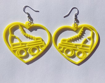 Yellow Roller Skate Heart Dangle Earrings, 3D Printed, roller skate jewelry, cute earrings, novelty earrings, roller skate accessories