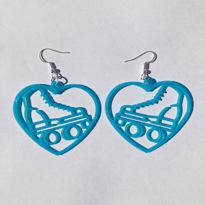 3D Printed Baby Blue Roller Skate Heart Earrings: Novelty Skate Jewelry