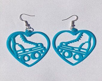 Baby Blue Roller Skate Heart Dangle Earrings, 3D Printed, roller skate jewelry, cute earrings, novelty earrings, roller skate accessories