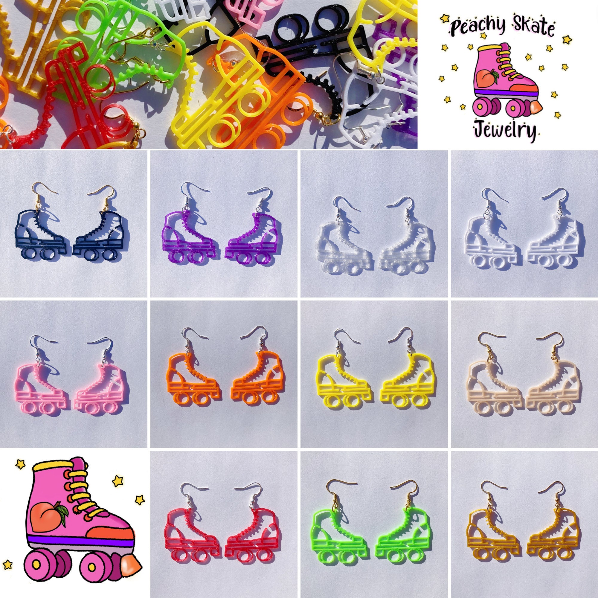 Dark Pink & Baby Pink Roller Skate Star Dangle Earrings, 3D Printed