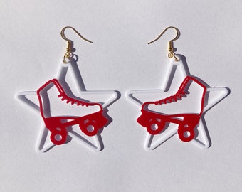 White & Red Roller Skate Star Dangle Earrings, 3D Printed roller skate jewelry, cute novelty earrings, roller skate accessories,gift for her