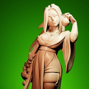 May include: A 3D-rendered figurine of a female character with pointed ears, wearing a long robe and holding a small gourd. The figure has a serene expression and is posed against a green background. The figurine is a light brown color.