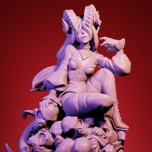 May include: A detailed sculpture of a seated female figure with horns, atop a pile of skulls. The figure is wearing a form-fitting outfit and boots. The sculpture is a light purple color, set against a red background.