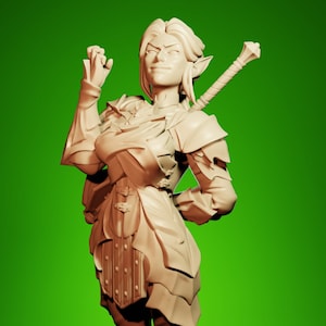 May include: A detailed, tan-colored figurine of a fantasy warrior with pointed ears, wearing armor and carrying a sword. The figure is posed with one arm raised and stands against a green backdrop.