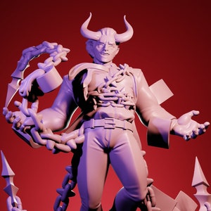 May include: A 3D-printed figurine of a horned humanoid figure, clad in a coat and pants, with chains wrapped around its arms and a spiked chain base. The figure has a stern expression and is posed with outstretched arms. The color is a light purple against a red background.