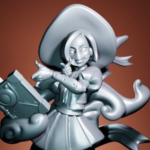 May include: A gray 3D-printed figurine of a female character in a dress and hat, holding a book. The character has a stylized design with mechanical elements and a ribbon. The figurine is posed in a dynamic stance.