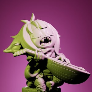 May include: A green figurine of a character playing a lute, seated on a small stool. The figure has pointed ears and is rendered in a cartoonish style. The background is a gradient of pink and purple.