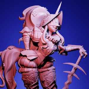 May include: A 3D-printed figurine of a female knight in armor, posed against a blue background. The figure is in a reddish-brown color, with intricate details on the armor, a helmet, and a sword. The knight is leaning on the sword.