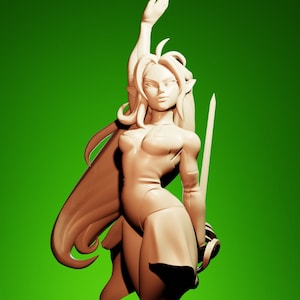 May include: A 3D-printed figurine of a female warrior with long flowing hair, a cape, and a sword. The figure is in a dynamic pose, with one arm raised and the other holding the sword. The figurine is a light brown color against a green background.