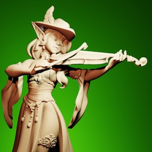 May include: A beige figurine of a female elf playing a violin. The elf is wearing a dress, boots, and a hat. The background is a solid green color.