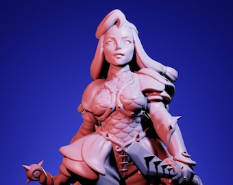 May include: A 3D-printed figurine of a female warrior in armor, holding a sword. The figure has long flowing hair and is posed in a dynamic stance. The armor features intricate details, and the figure is set against a blue background.