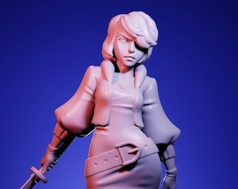 May include: A 3D-rendered figurine of a woman in a short dress, jacket, and boots, holding a katana. The figure is in a dynamic pose, with a determined expression. The background is a gradient of blue and red.