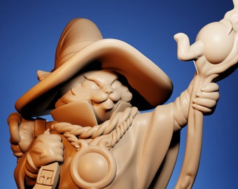 May include: A tan-colored figurine of a wizard with a large hat, cape, and staff. The wizard has a long beard, a rope necklace, and a magnifying glass pendant. The staff has a flame-like design at the top. The figurine is standing on a blue surface.
