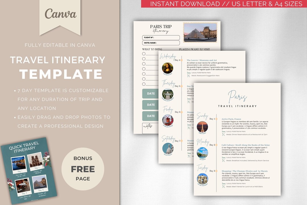 PARIS Travel Itinerary, Travel Planner, Travel Agent Template, Canva ...