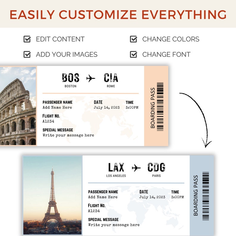 Boarding Pass Template Personalized Travel Gift Printable Plane Ticket ...