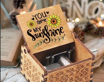 You Are My Sunshine Music Box Tournesol, vintage Boîte à musique à manivelle en bois Anniversaire Saint Valentin Cadeau personnalisé pour elle lui