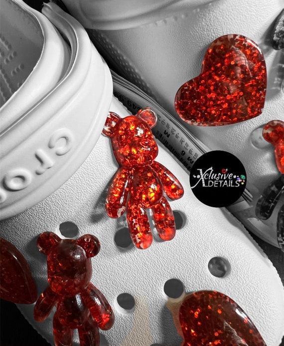 RED GLITTER Bear & Heart Shoe Charms, Croc Charms, Shoe