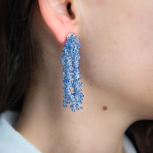 Può includere: Un paio di orecchini lunghi e pendenti realizzati con perline blu. Gli orecchini sono intrecciati in un motivo delicato e pendono da un gancio argentato.
