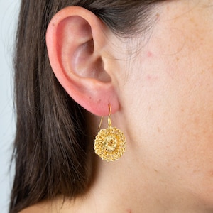 Gold dangle medal crochet earrings, micro crochet earrings, crochet jewelry, knitting earrings, metallic thread crochet, unique gift for her