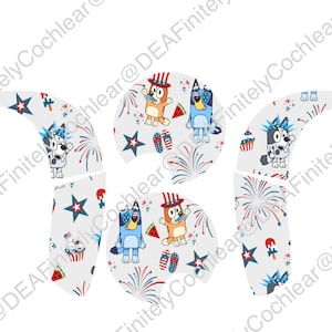 May include: White background with a repeating pattern of cartoon dogs, fireworks, stars, watermelon slices, and ice cream cones. The dogs are wearing patriotic hats. The design is repeated on several curved shapes.